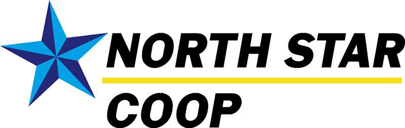 Logo of North Star Coop featuring a blue five-pointed star on the left and the words “NORTH STAR” in bold black letters above a yellow line, with “COOP” written below the line.