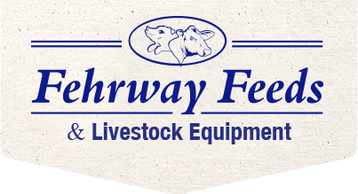 Fehrway Feeds Logo of Fehrway Feeds & Livestock Equipment, featuring illustrations of a cow and pig inside an oval above the company name in blue text.