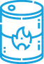 Blue line icon of an oil drum with a flame symbol on it, representing fuel or flammable material.