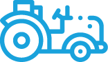 Blue line icon of a tractor, representing farming or agricultural equipment.