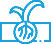 Blue line icon of a plant seed sprouting from the ground, with two leaves emerging upward.