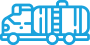 Blue line icon of a tanker truck with a cylindrical tank, used for transporting liquids or fuel.