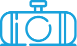 Blue line icon of a storage tank with a valve, representing fuel or gas storage.